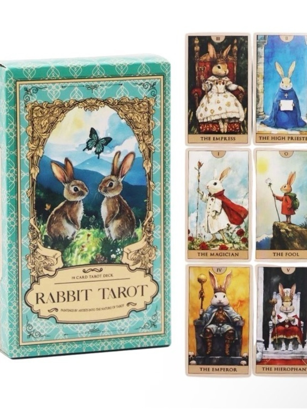 Rabbit Tarot Deck 78 Watercolor Cards -Teal Box